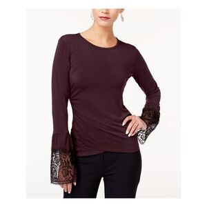 KOBI Womens Burgundy Ruched Lace Cuffs Long Sleeve Jewel Neck Top XS